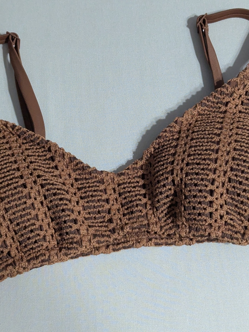 aerie Crochet Triangle Bralette in Brown - Textured Swim Bra - Size L / NWT - Picture 2 of 7